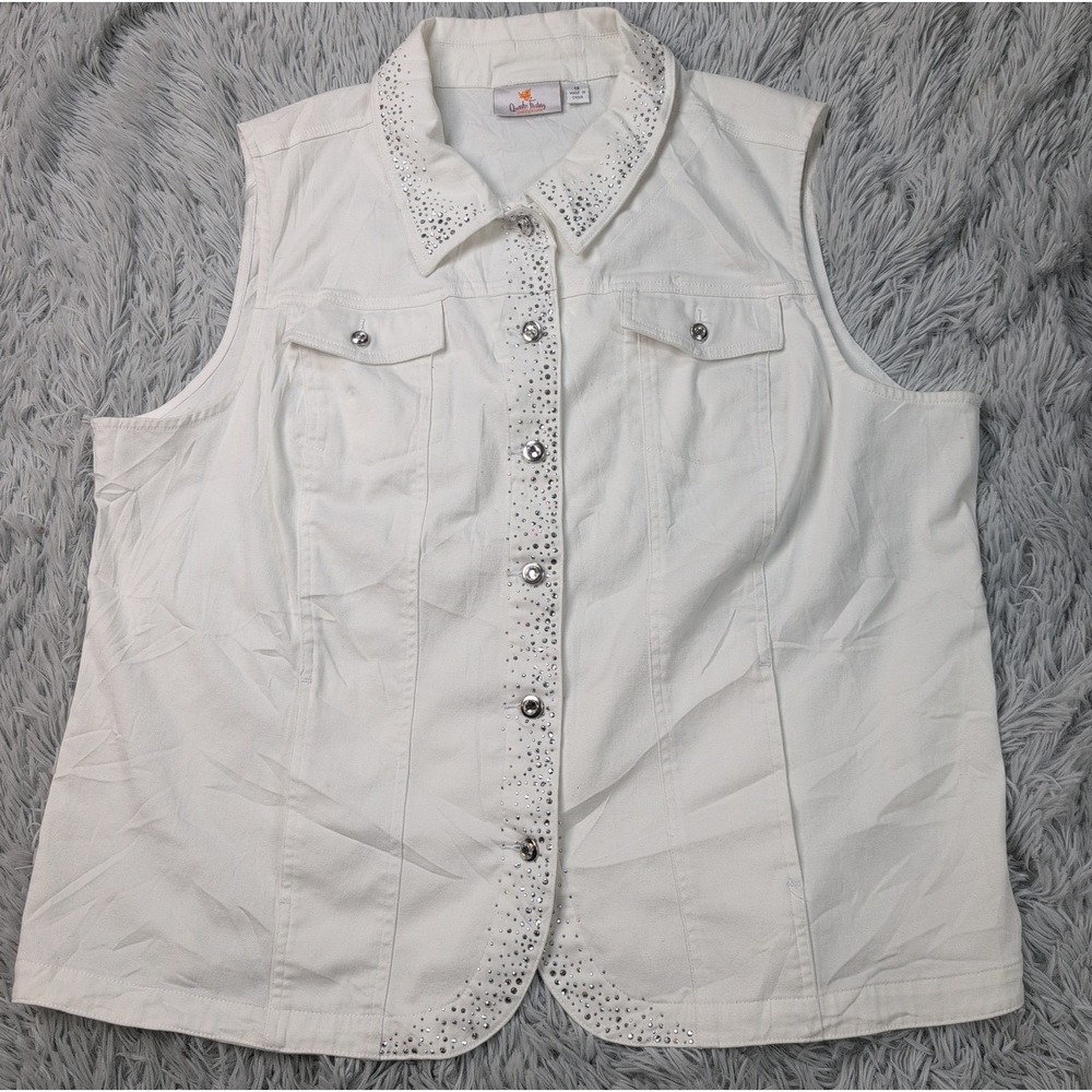 Quacker Factory Vest Womens 1X White Button Up Pockets Studded Sparkly Stretch